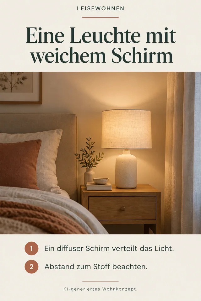 KI-generiertes Einrichtungskonzept: Eine Leuchte mit weichem Schirm. Ein diffuser Schirm verteilt das Licht. Abstand zum Stoff beachten.