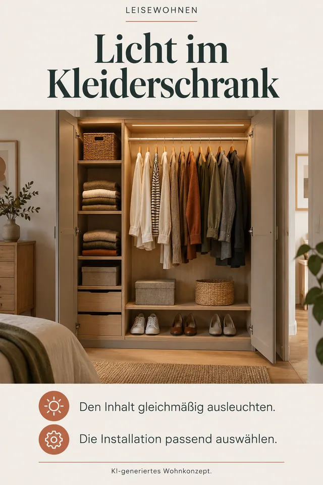 KI-generiertes Einrichtungskonzept: Licht im Kleiderschrank. Den Inhalt gleichmäßig ausleuchten. Die Installation passend auswählen.
