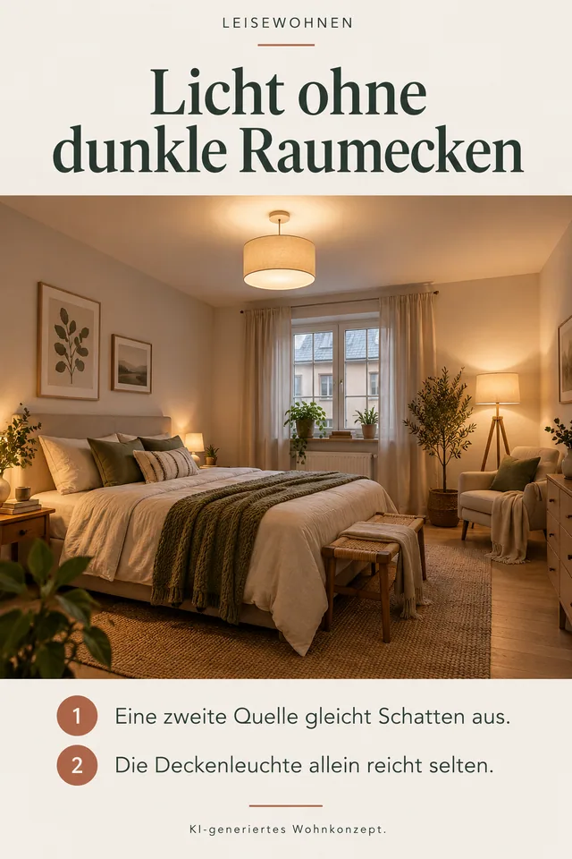 KI-generiertes Einrichtungskonzept: Licht ohne dunkle Raumecken. Eine zweite Quelle gleicht Schatten aus. Die Deckenleuchte allein reicht selten.