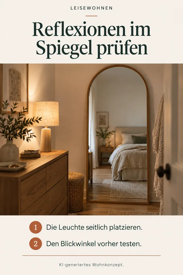 KI-generiertes Einrichtungskonzept: Reflexionen im Spiegel prüfen. Die Leuchte seitlich platzieren. Den Blickwinkel vorher testen.
