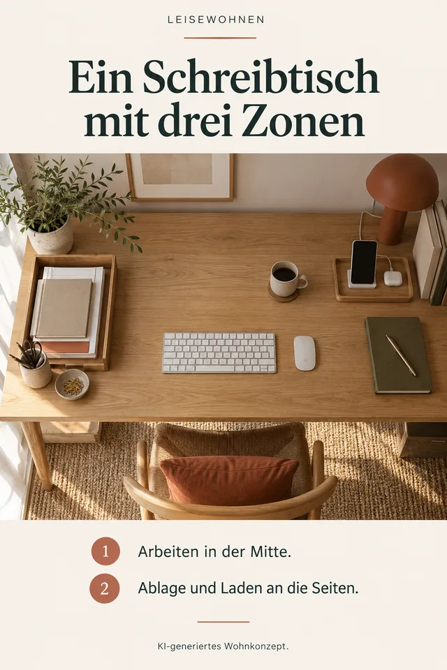 KI-generiertes Einrichtungskonzept: Ein Schreibtisch mit drei Zonen. Arbeiten in der Mitte. Ablage und Laden an die Seiten.