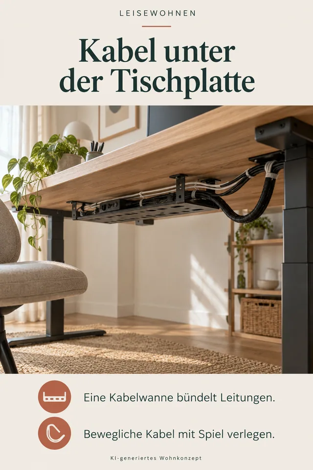 KI-generiertes Einrichtungskonzept: Kabel unter der Tischplatte. Eine Kabelwanne bündelt Leitungen. Bewegliche Kabel mit Spiel verlegen.
