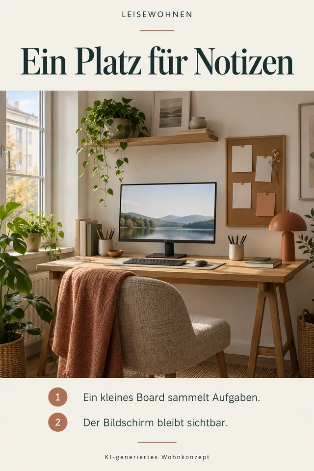 KI-generiertes Einrichtungskonzept: Ein Platz für Notizen. Ein kleines Board sammelt Aufgaben. Der Bildschirm bleibt sichtbar.