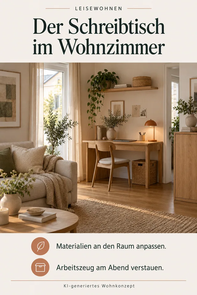 KI-generiertes Einrichtungskonzept: Der Schreibtisch im Wohnzimmer. Materialien an den Raum anpassen. Arbeitszeug am Abend verstauen.