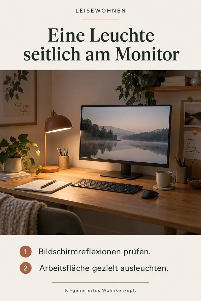 KI-generiertes Einrichtungskonzept: Eine Leuchte seitlich am Monitor. Bildschirmreflexionen prüfen. Arbeitsfläche gezielt ausleuchten.
