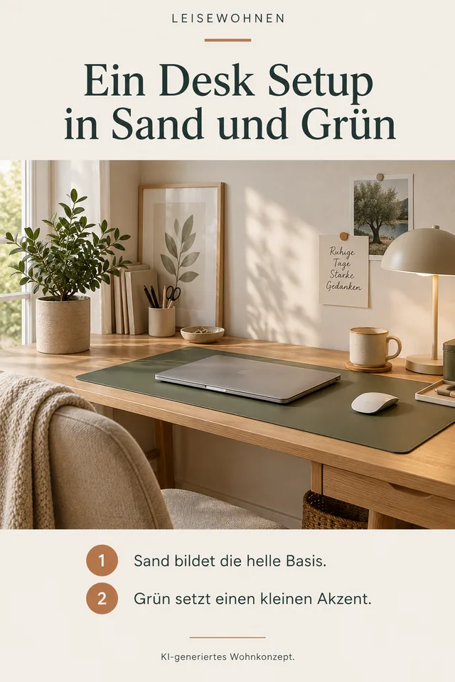 KI-generiertes Einrichtungskonzept: Ein Desk Setup in Sand und Grün. Sand bildet die helle Basis. Grün setzt einen kleinen Akzent.