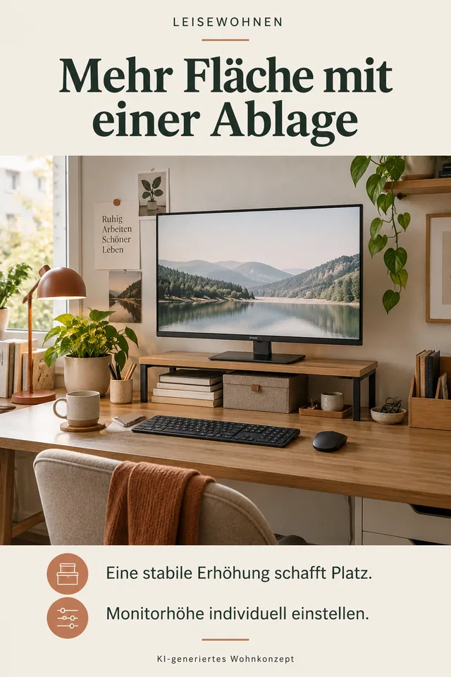 KI-generiertes Einrichtungskonzept: Mehr Fläche mit einer Ablage. Eine stabile Erhöhung schafft Platz. Monitorhöhe individuell einstellen.
