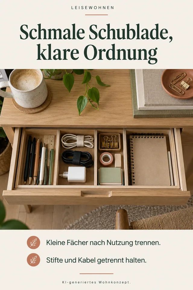 KI-generiertes Einrichtungskonzept: Schmale Schublade, klare Ordnung. Kleine Fächer nach Nutzung trennen. Stifte und Kabel getrennt halten.
