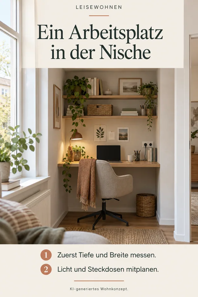 KI-generiertes Einrichtungskonzept: Ein Arbeitsplatz in der Nische. Zuerst Tiefe und Breite messen. Licht und Steckdosen mitplanen.