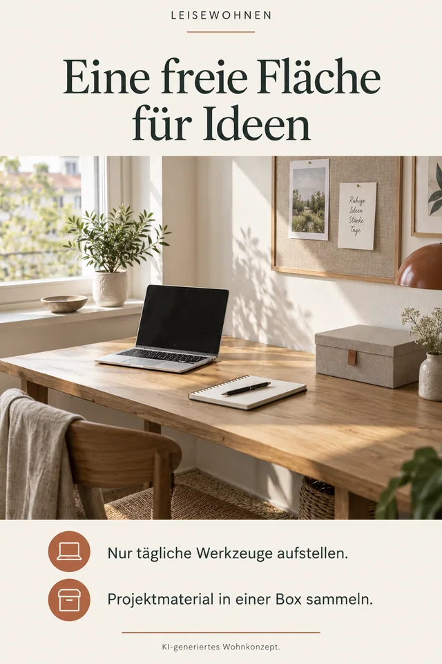 KI-generiertes Einrichtungskonzept: Eine freie Fläche für Ideen. Nur tägliche Werkzeuge aufstellen. Projektmaterial in einer Box sammeln.