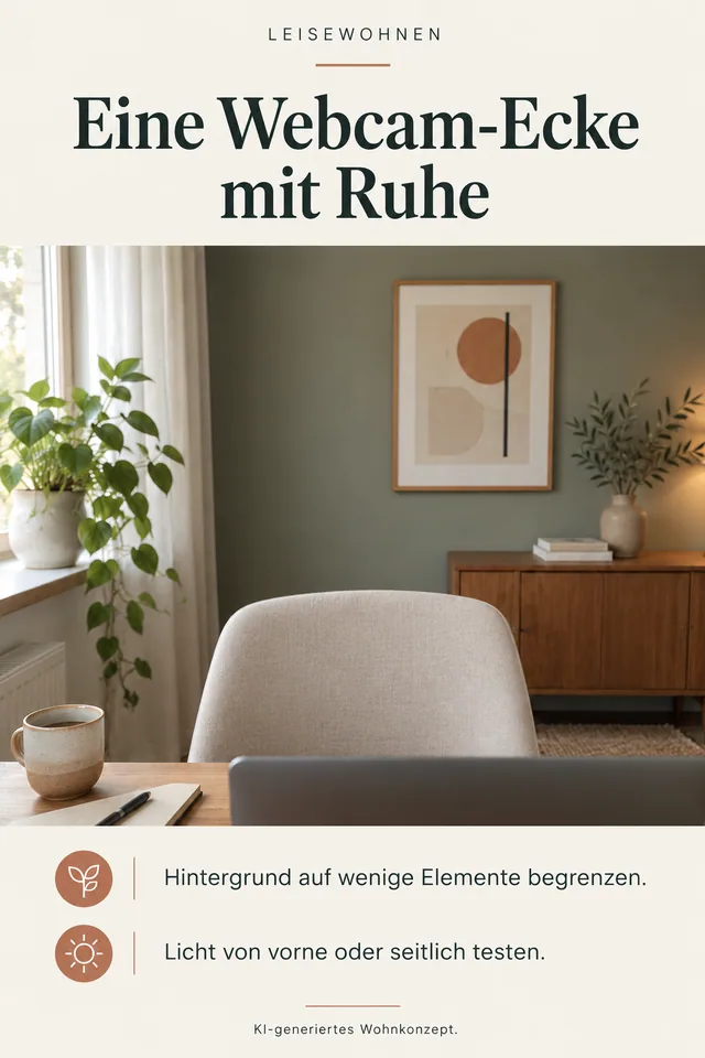 KI-generiertes Einrichtungskonzept: Eine Webcam-Ecke mit Ruhe. Hintergrund auf wenige Elemente begrenzen. Licht von vorne oder seitlich testen.