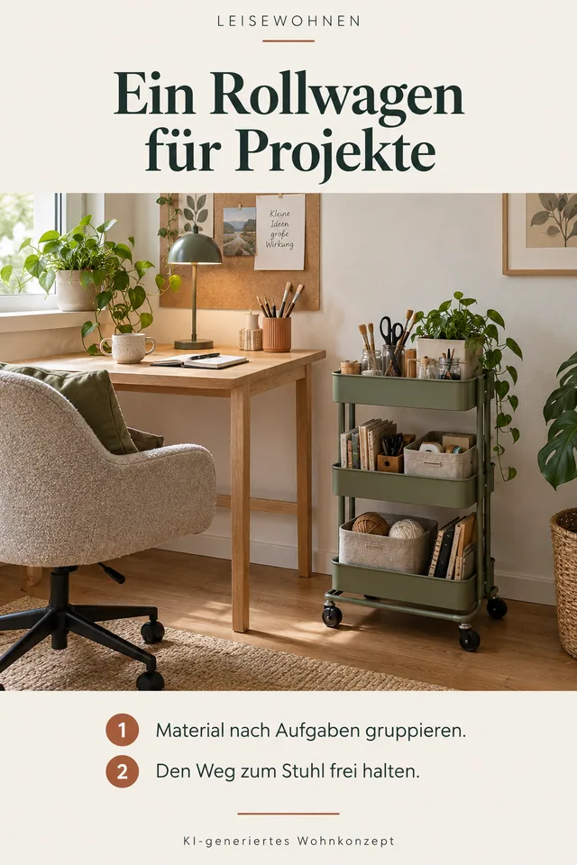 KI-generiertes Einrichtungskonzept: Ein Rollwagen für Projekte. Material nach Aufgaben gruppieren. Den Weg zum Stuhl frei halten.