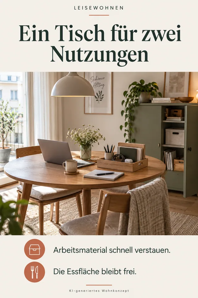 KI-generiertes Einrichtungskonzept: Ein Tisch für zwei Nutzungen. Arbeitsmaterial schnell verstauen. Die Essfläche bleibt frei.