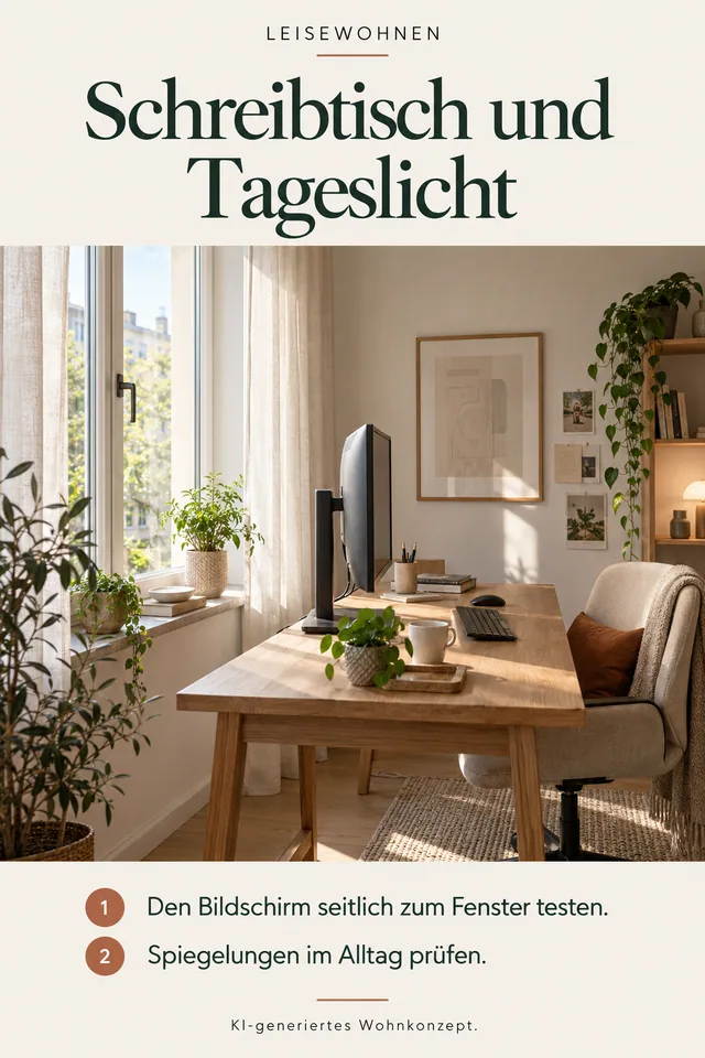 KI-generiertes Einrichtungskonzept: Schreibtisch und Tageslicht. Den Bildschirm seitlich zum Fenster testen. Spiegelungen im Alltag prüfen.