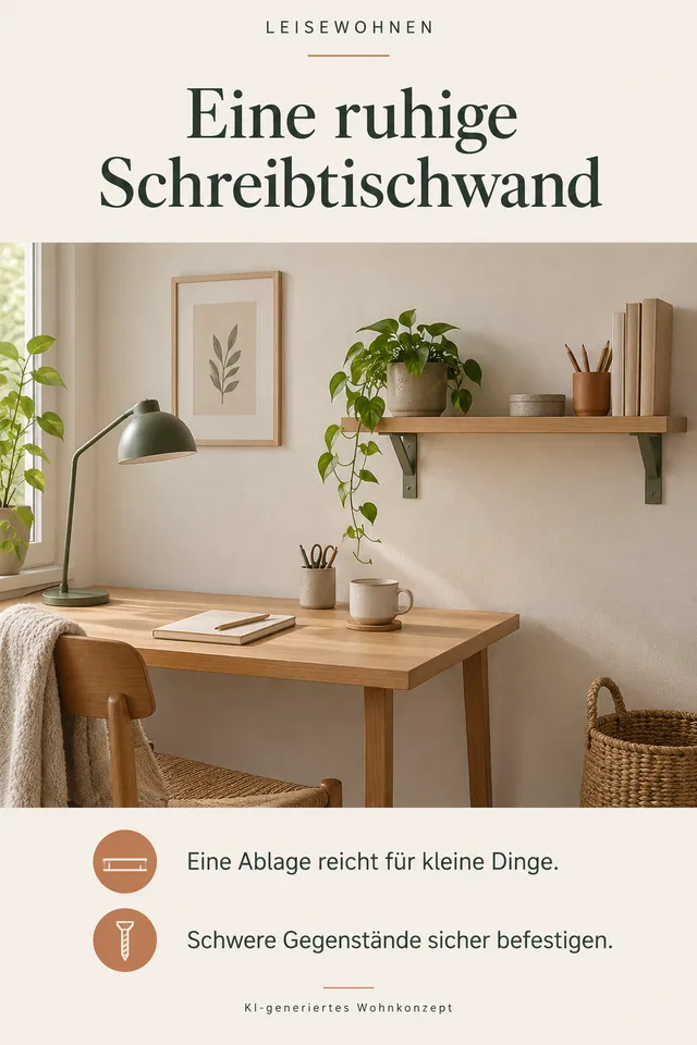 KI-generiertes Einrichtungskonzept: Eine ruhige Schreibtischwand. Eine Ablage reicht für kleine Dinge. Schwere Gegenstände sicher befestigen.