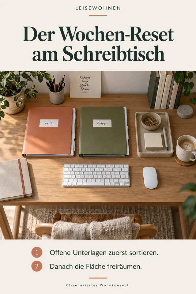 KI-generiertes Einrichtungskonzept: Der Wochen-Reset am Schreibtisch. Offene Unterlagen zuerst sortieren. Danach die Fläche freiräumen.