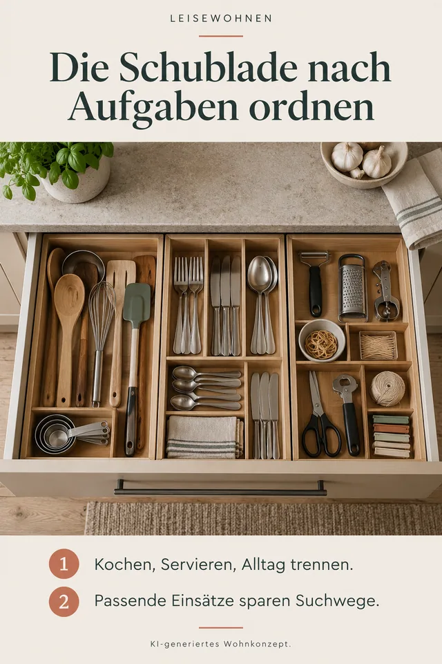 KI-generiertes Einrichtungskonzept: Die Schublade nach Aufgaben ordnen. Kochen, Servieren, Alltag trennen. Passende Einsätze sparen Suchwege.