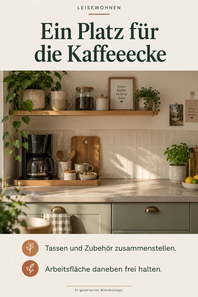 KI-generiertes Einrichtungskonzept: Ein Platz für die Kaffeeecke. Tassen und Zubehör zusammenstellen. Arbeitsfläche daneben frei halten.