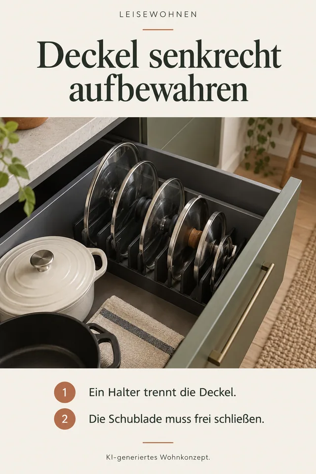 KI-generiertes Einrichtungskonzept: Deckel senkrecht aufbewahren. Ein Halter trennt die Deckel. Die Schublade muss frei schließen.