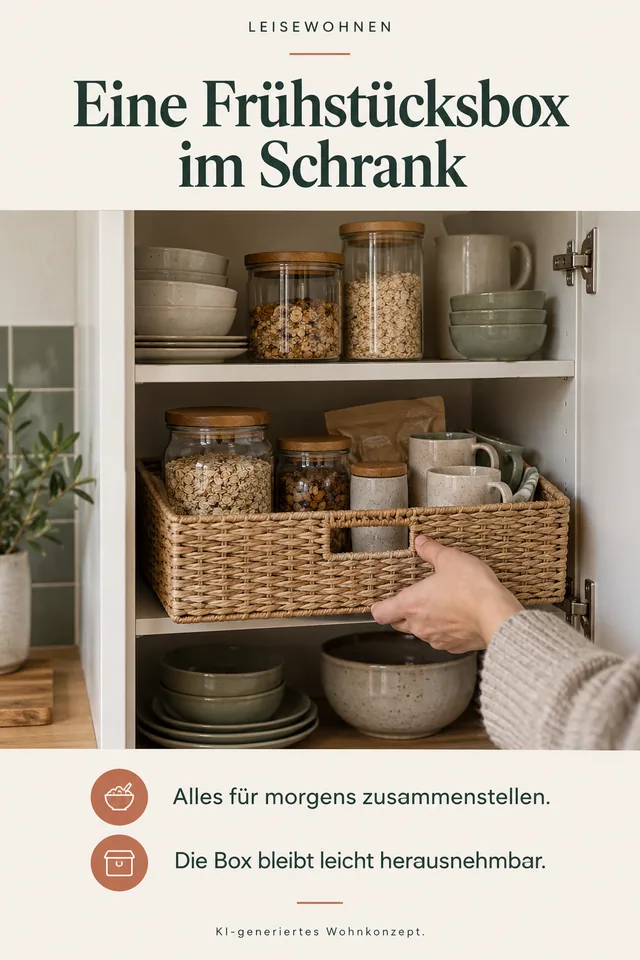 KI-generiertes Einrichtungskonzept: Eine Frühstücksbox im Schrank. Alles für morgens zusammenstellen. Die Box bleibt leicht herausnehmbar.