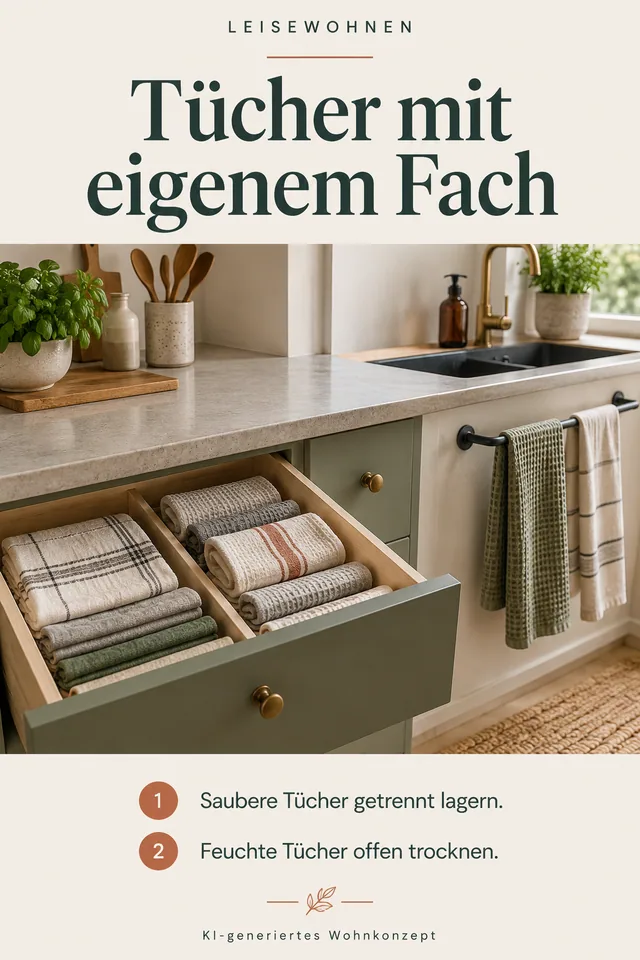 KI-generiertes Einrichtungskonzept: Tücher mit eigenem Fach. Saubere Tücher getrennt lagern. Feuchte Tücher offen trocknen.