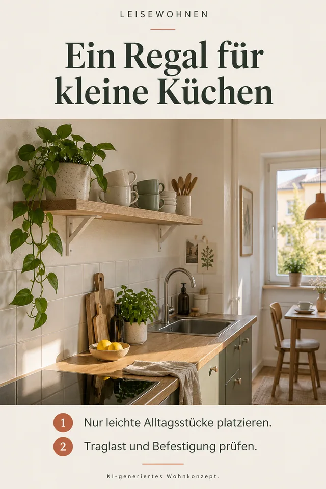 KI-generiertes Einrichtungskonzept: Ein Regal für kleine Küchen. Nur leichte Alltagsstücke platzieren. Traglast und Befestigung prüfen.