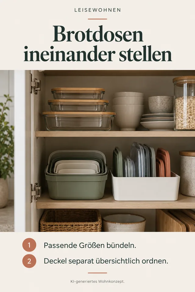 KI-generiertes Einrichtungskonzept: Brotdosen ineinander stellen. Passende Größen bündeln. Deckel separat übersichtlich ordnen.