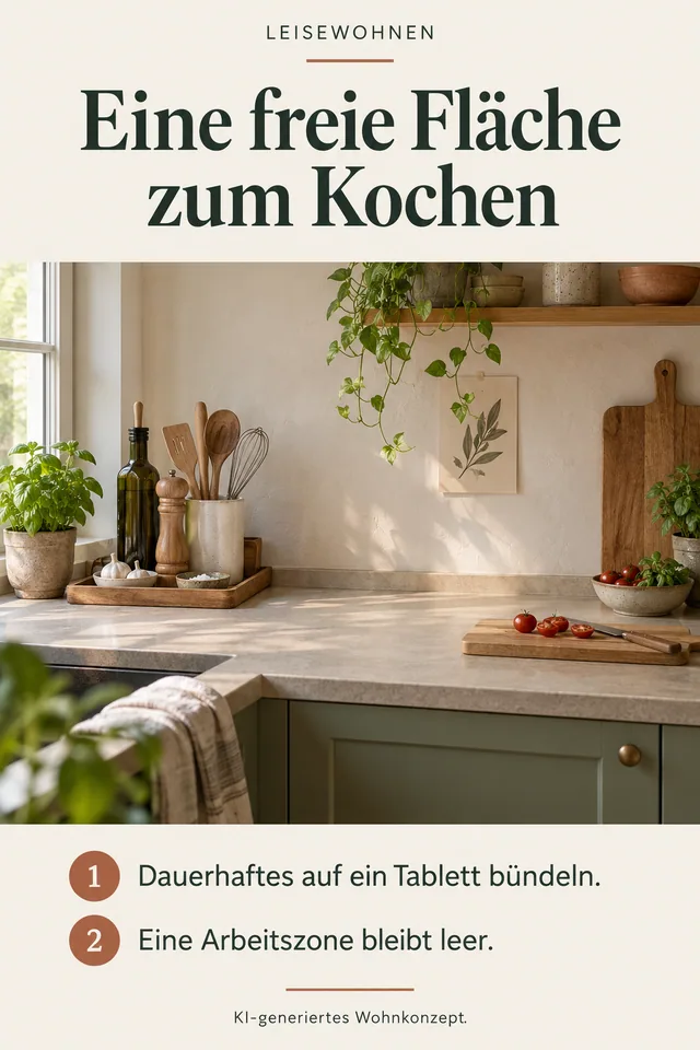 KI-generiertes Einrichtungskonzept: Eine freie Fläche zum Kochen. Dauerhaftes auf ein Tablett bündeln. Eine Arbeitszone bleibt leer.