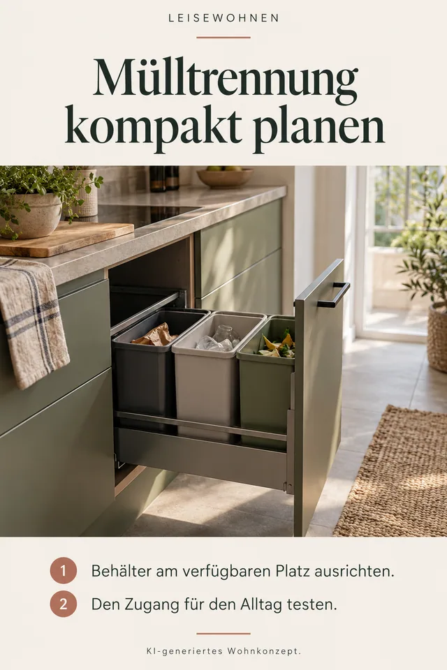 KI-generiertes Einrichtungskonzept: Mülltrennung kompakt planen. Behälter am verfügbaren Platz ausrichten. Den Zugang für den Alltag testen.