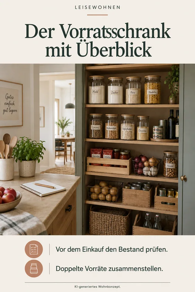 KI-generiertes Einrichtungskonzept: Der Vorratsschrank mit Überblick. Vor dem Einkauf den Bestand prüfen. Doppelte Vorräte zusammenstellen.